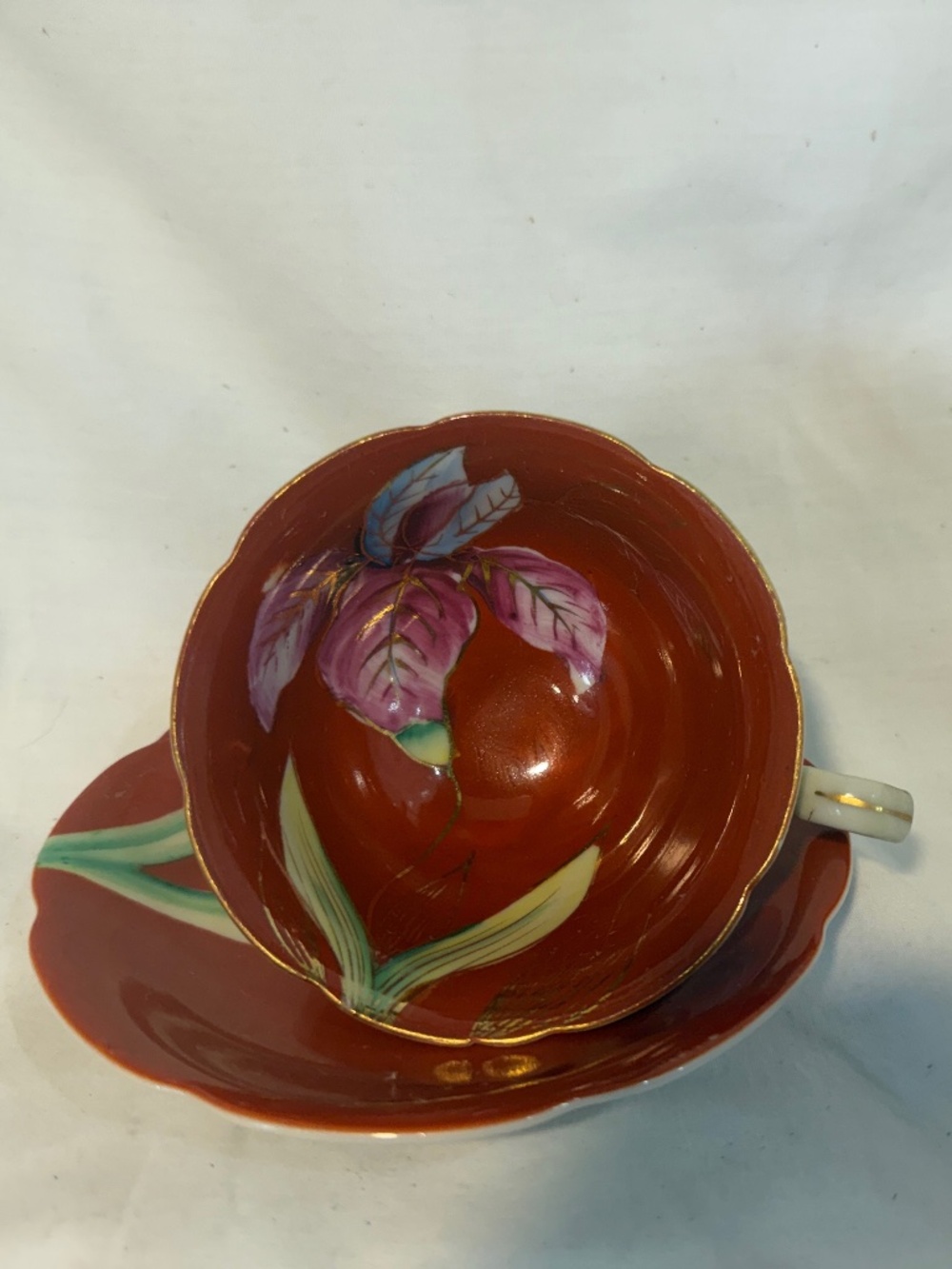 Vintage China Tea Cup and Saucer Made in Japan Handpainted Burgundy Floral